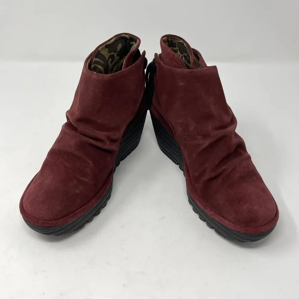 Fly London Women's NEW Yebi Wine Suede Ruched Ankle Booties EU 36 US 5.5 Wedge